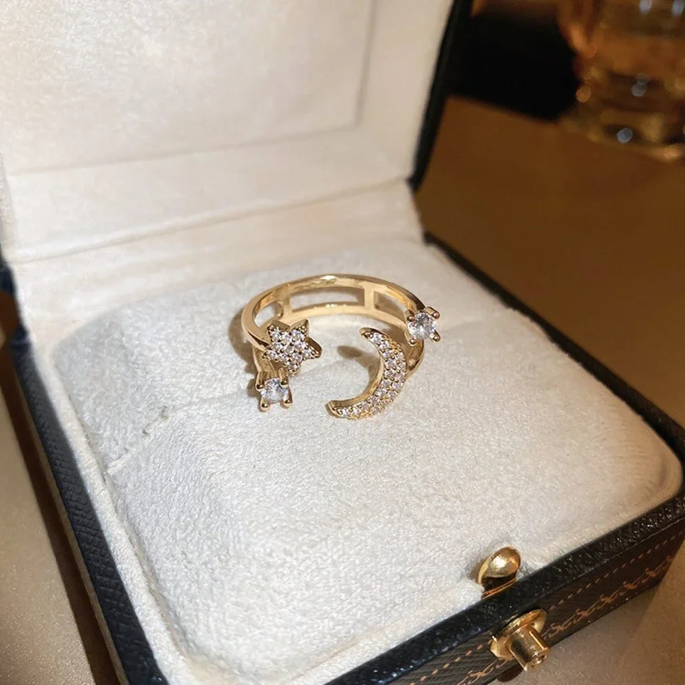 18K Gold Plated Star Moon Ring Open Adjustable Celestial Ring Dainty Jewelry